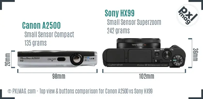 Canon A2500 vs Sony HX99 top view buttons comparison