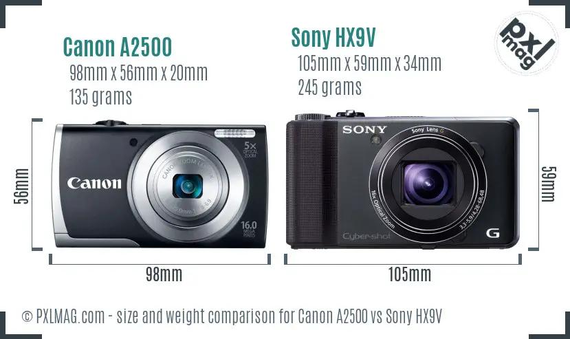 Canon A2500 vs Sony HX9V size comparison