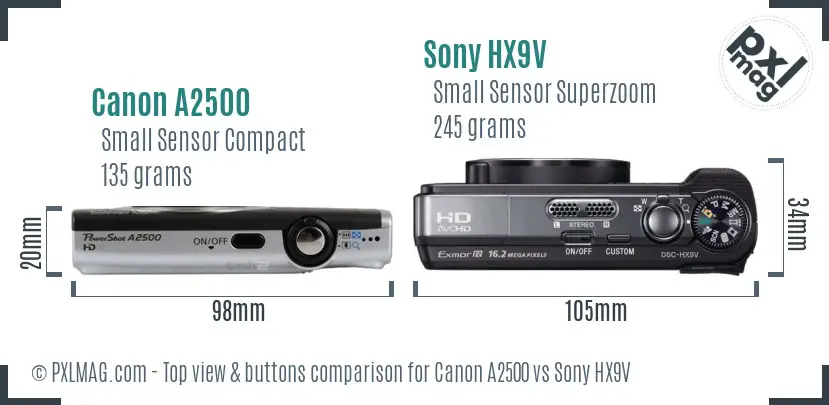 Canon A2500 vs Sony HX9V top view buttons comparison