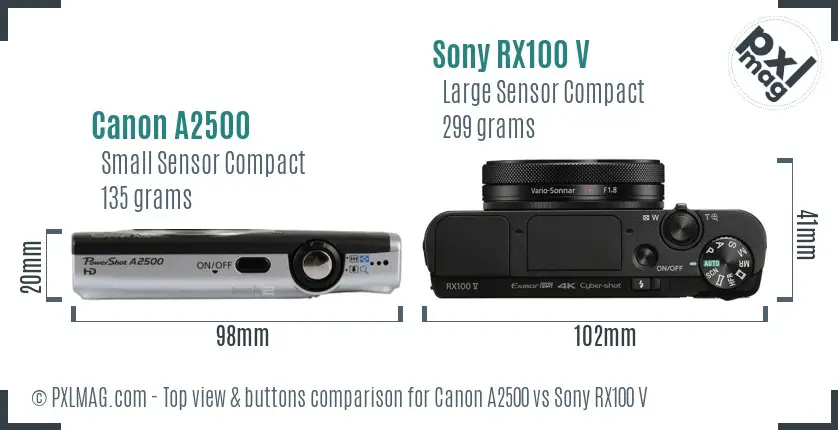 Canon A2500 vs Sony RX100 V top view buttons comparison