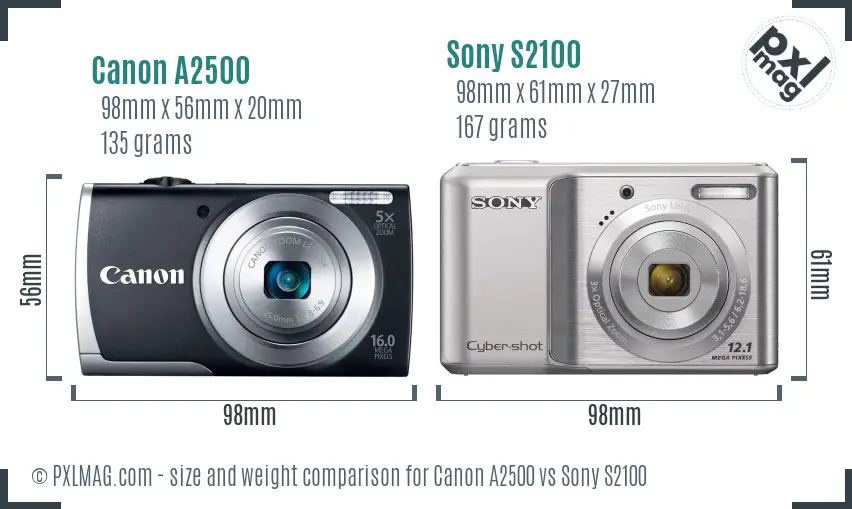 Canon A2500 vs Sony S2100 size comparison