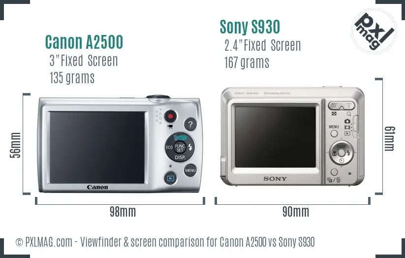 Canon A2500 vs Sony S930 Screen and Viewfinder comparison