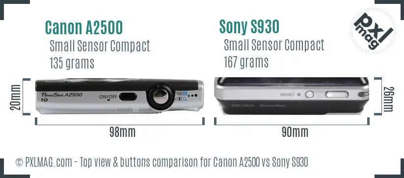Canon A2500 vs Sony S930 top view buttons comparison