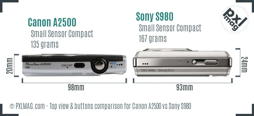 Canon A2500 vs Sony S980 top view buttons comparison Canon A2500 vs Sony S980 top view buttons comparison