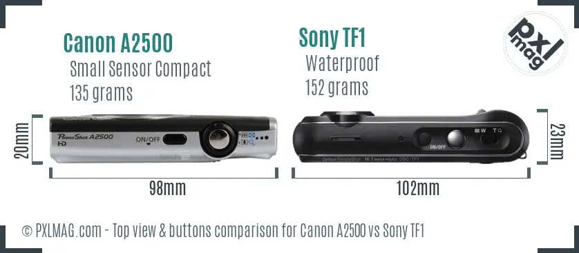 Canon A2500 vs Sony TF1 top view buttons comparison Canon A2500 vs Sony TF1 top view buttons comparison