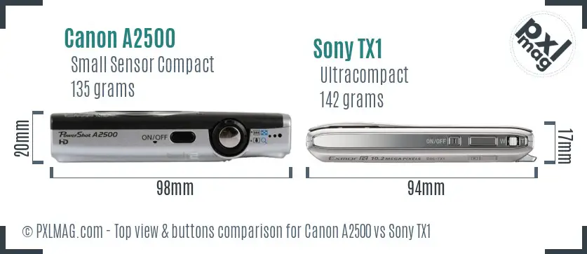 Canon A2500 vs Sony TX1 top view buttons comparison