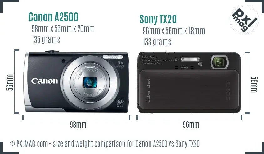 Canon A2500 vs Sony TX20 size comparison