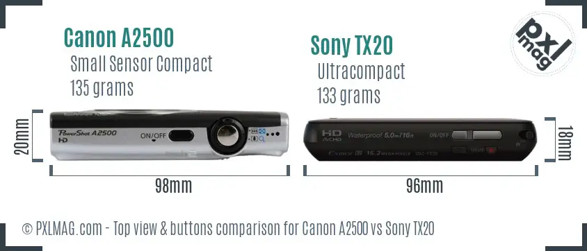 Canon A2500 vs Sony TX20 top view buttons comparison