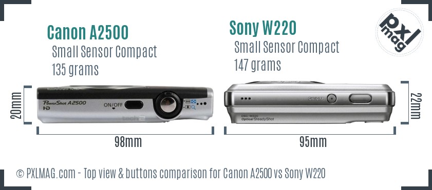 Canon A2500 vs Sony W220 top view buttons comparison