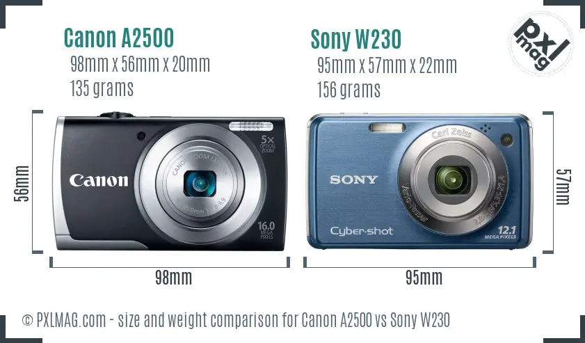 Canon A2500 vs Sony W230 size comparison