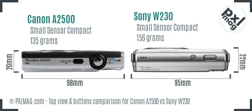 Canon A2500 vs Sony W230 top view buttons comparison