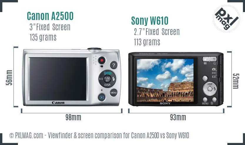Canon A2500 vs Sony W610 Screen and Viewfinder comparison