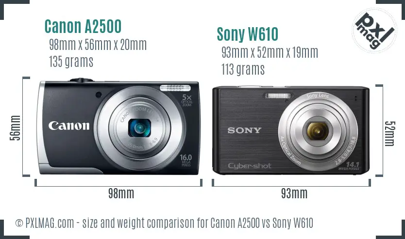 Canon A2500 vs Sony W610 size comparison