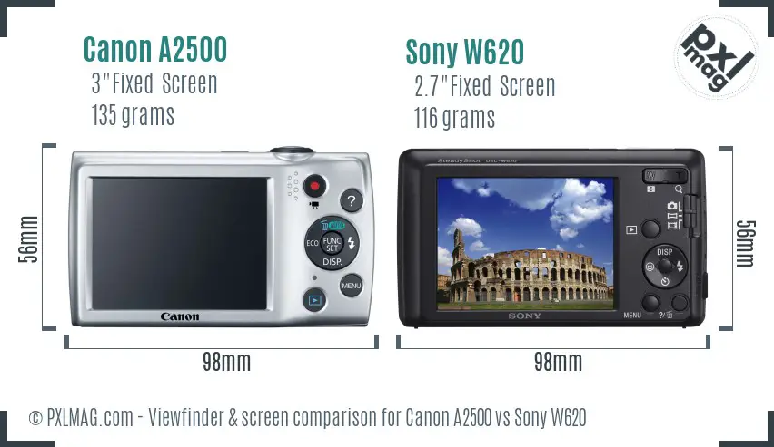 Canon A2500 vs Sony W620 Screen and Viewfinder comparison