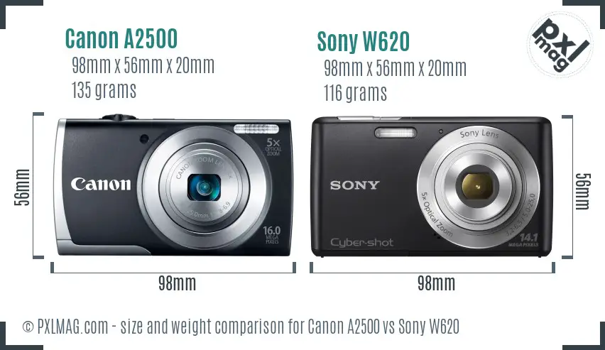 Canon A2500 vs Sony W620 size comparison