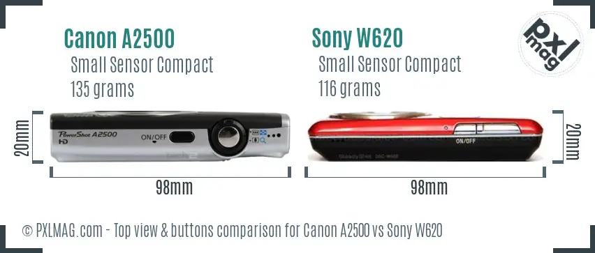 Canon A2500 vs Sony W620 top view buttons comparison