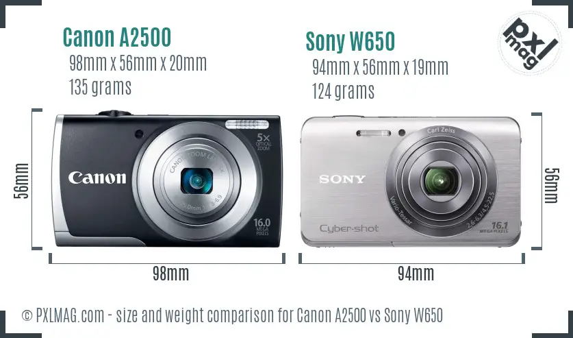 Canon A2500 vs Sony W650 size comparison