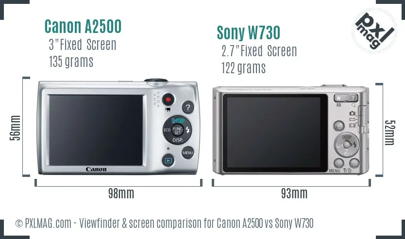 Canon A2500 vs Sony W730 Screen and Viewfinder comparison