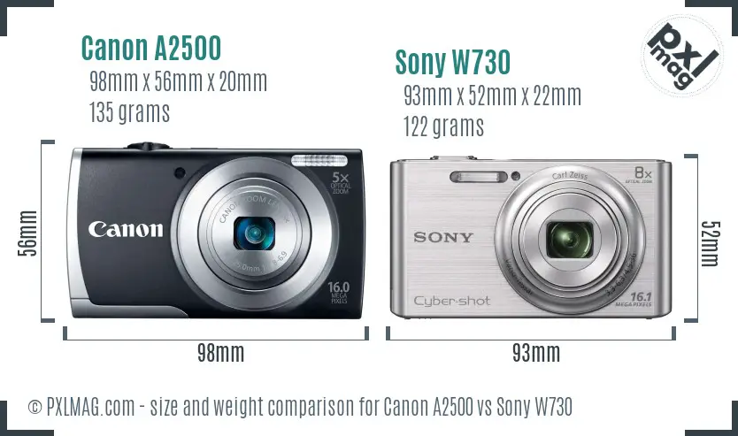 Canon A2500 vs Sony W730 size comparison