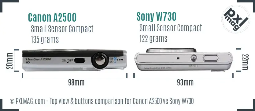 Canon A2500 vs Sony W730 top view buttons comparison