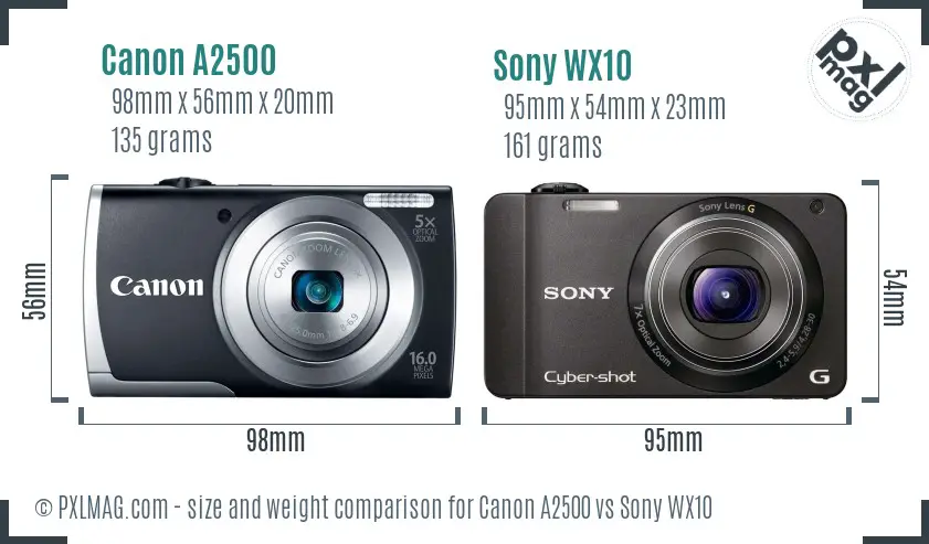 Canon A2500 vs Sony WX10 size comparison