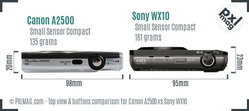 Canon A2500 vs Sony WX10 top view buttons comparison