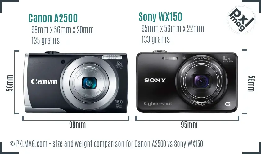 Canon A2500 vs Sony WX150 size comparison