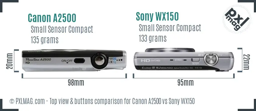 Canon A2500 vs Sony WX150 top view buttons comparison