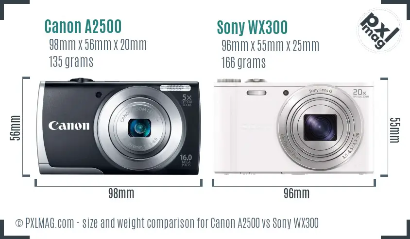 Canon A2500 vs Sony WX300 size comparison