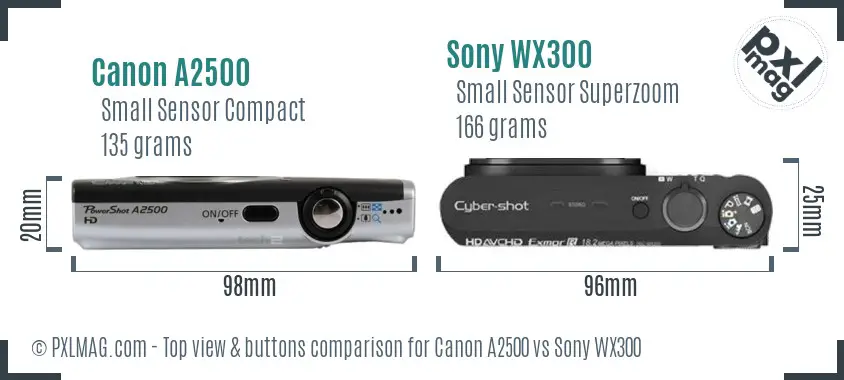 Canon A2500 vs Sony WX300 top view buttons comparison