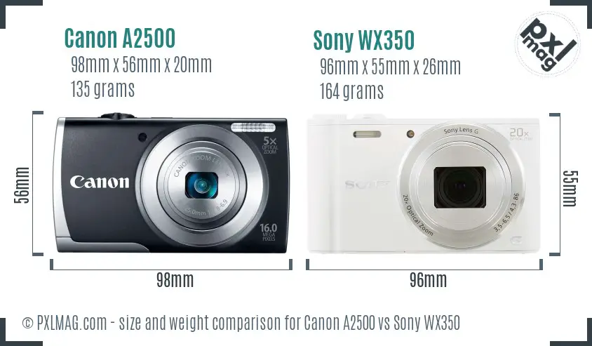 Canon A2500 vs Sony WX350 size comparison
