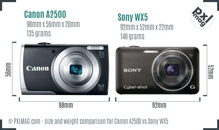 Canon A2500 vs Sony WX5 size comparison