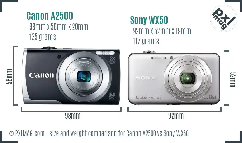 Canon A2500 vs Sony WX50 size comparison