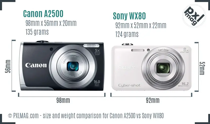 Canon A2500 vs Sony WX80 size comparison