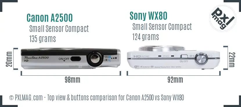 Canon A2500 vs Sony WX80 top view buttons comparison