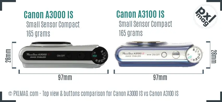 Canon A3000 IS vs Canon A3100 IS top view buttons comparison