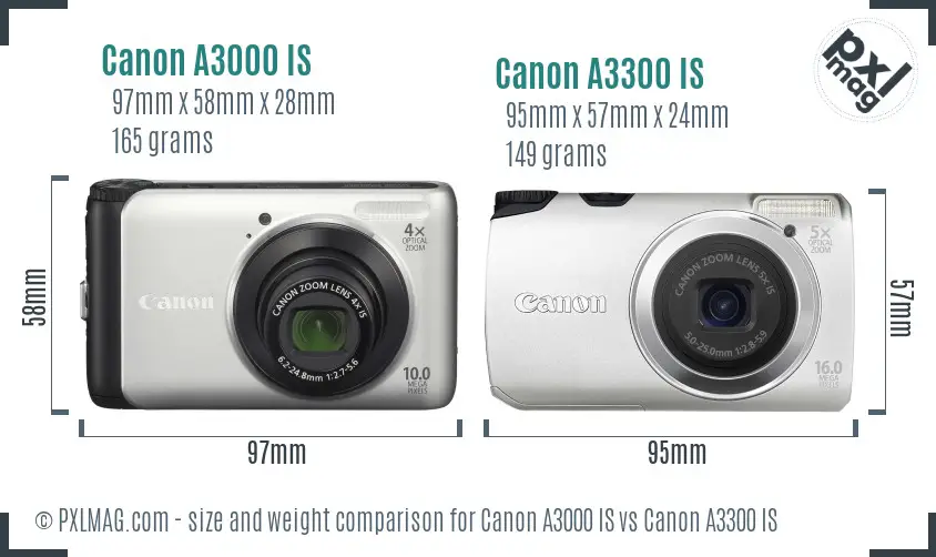Canon A3000 IS vs Canon A3300 IS size comparison