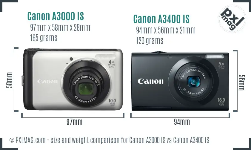 Canon A3000 IS vs Canon A3400 IS size comparison