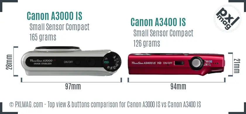 Canon A3000 IS vs Canon A3400 IS top view buttons comparison
