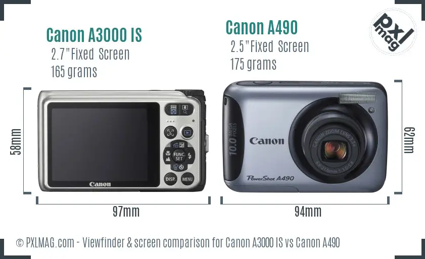 Canon A3000 IS vs Canon A490 Screen and Viewfinder comparison