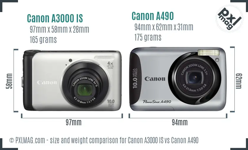 Canon A3000 IS vs Canon A490 size comparison