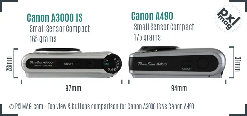 Canon A3000 IS vs Canon A490 top view buttons comparison