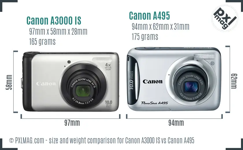 Canon A3000 IS vs Canon A495 size comparison