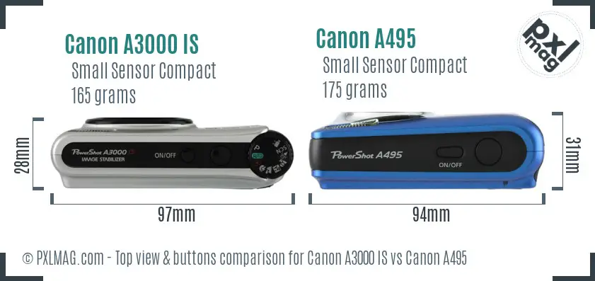 Canon A3000 IS vs Canon A495 top view buttons comparison