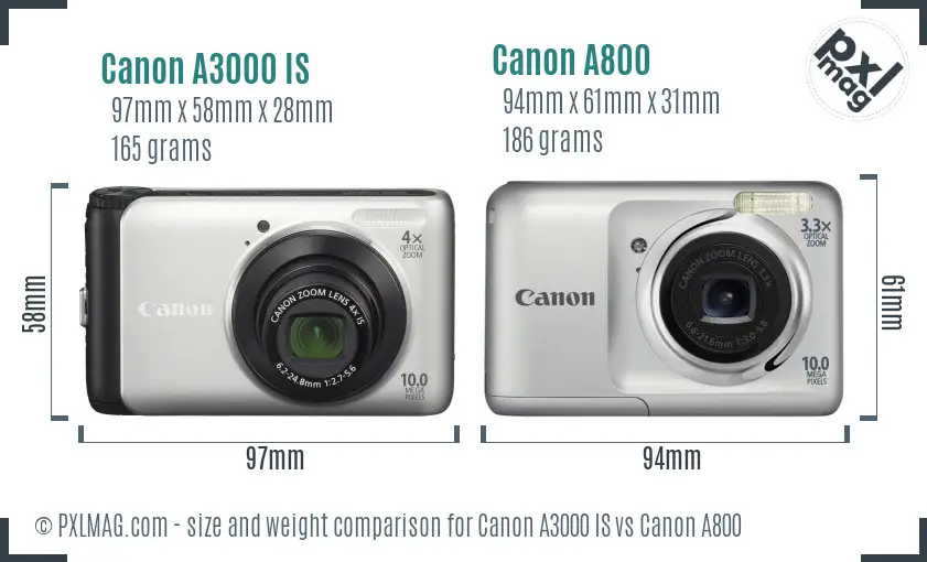 Canon A3000 IS vs Canon A800 size comparison