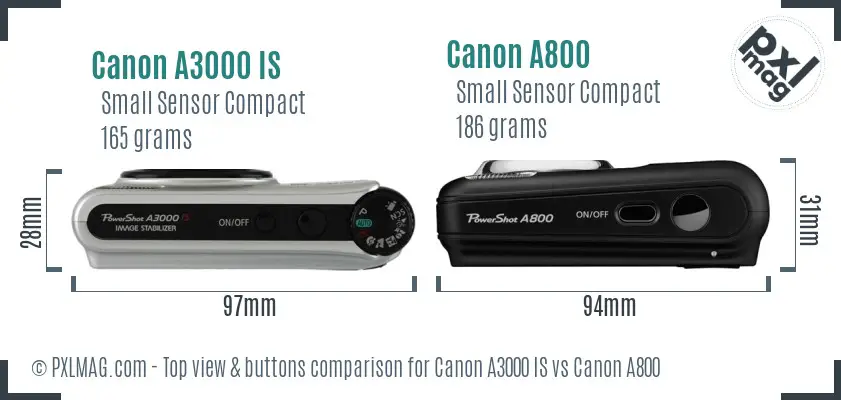 Canon A3000 IS vs Canon A800 top view buttons comparison