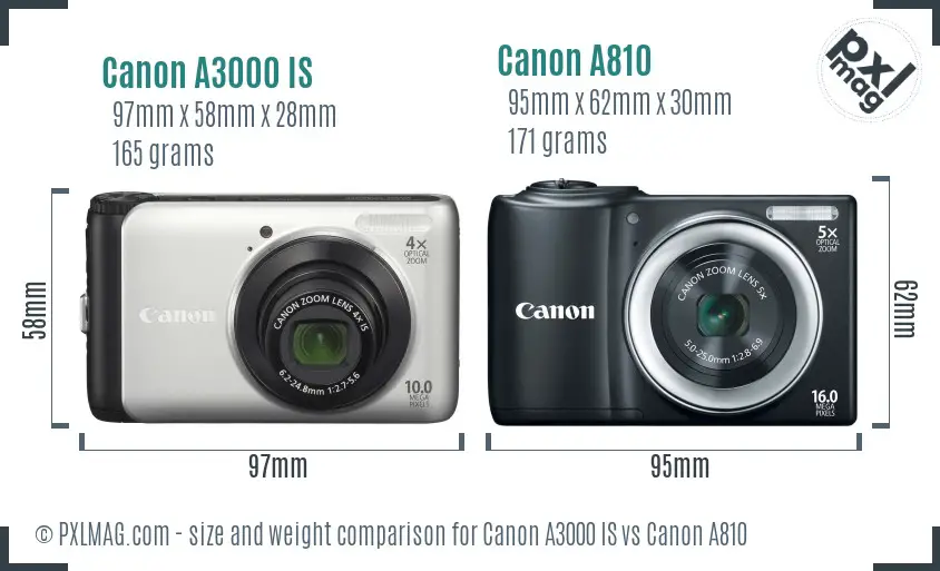 Canon A3000 IS vs Canon A810 size comparison
