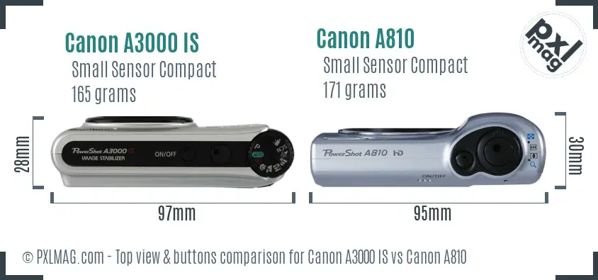 Canon A3000 IS vs Canon A810 top view buttons comparison