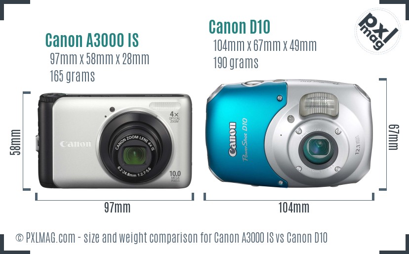 Canon A3000 IS vs Canon D10 size comparison