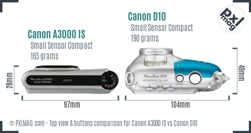 Canon A3000 IS vs Canon D10 top view buttons comparison